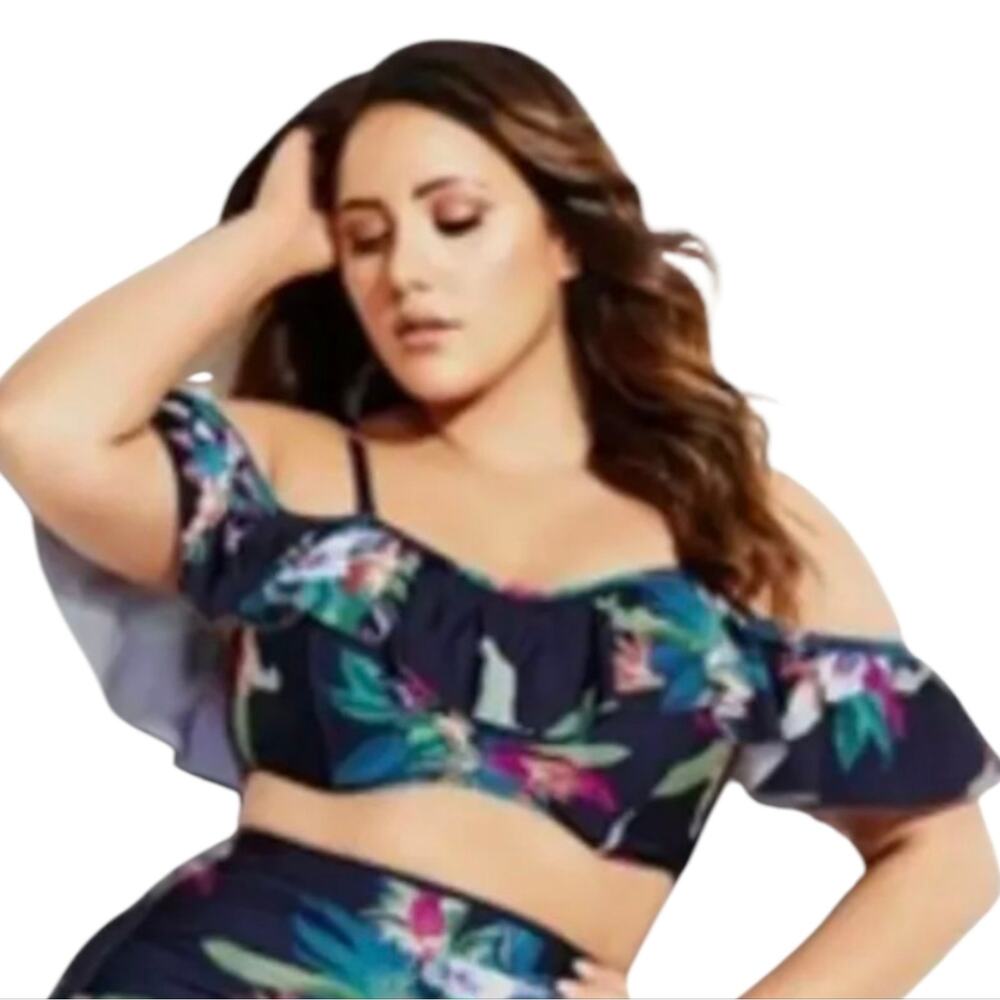 City Chic Elba Underwire Bikini Top Navy Tropical Floral Ruffle Size S 16‎ NEW